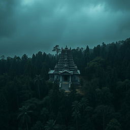 A horror-themed scene featuring an ancient Nepali temple surrounded by dense forest, captured from an aerial view