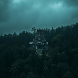 A horror-themed scene featuring an ancient Nepali temple surrounded by dense forest, captured from an aerial view