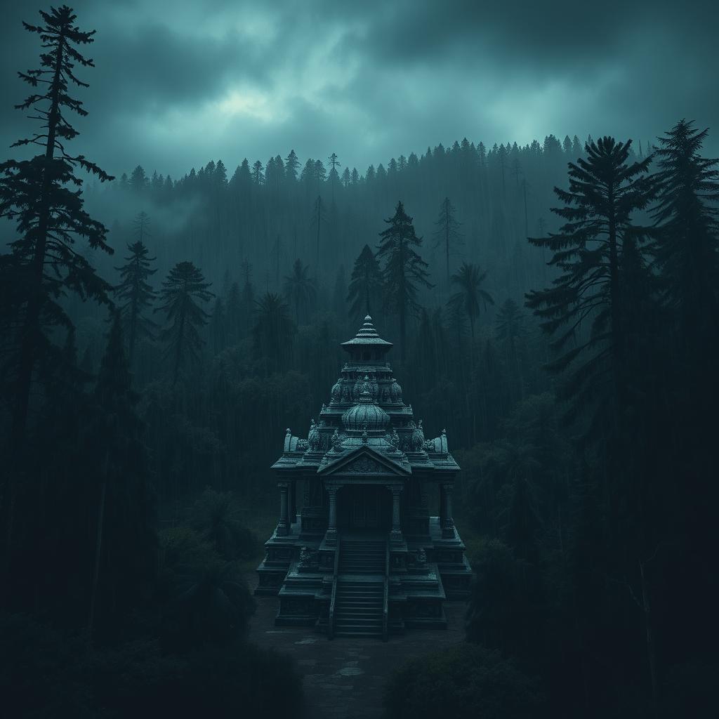 A horror-themed scene featuring an ancient Nepali temple surrounded by dense forest, captured from an aerial view