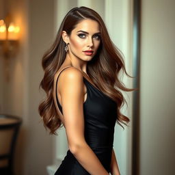 A stunning woman with long, flowing brown hair wearing a fashionable, elegant evening gown