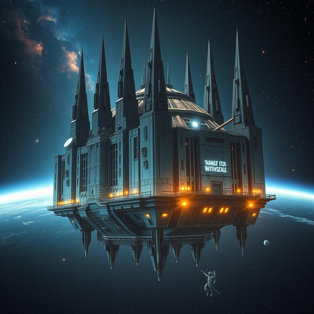 A colossal space jail floating in the vastness of outer space, characterized by its imposing, futuristic architecture featuring towering spires and metallic walls