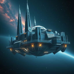 A colossal space jail floating in the vastness of outer space, characterized by its imposing, futuristic architecture featuring towering spires and metallic walls