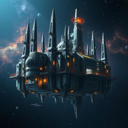 A colossal space jail floating in the vastness of outer space, characterized by its imposing, futuristic architecture featuring towering spires and metallic walls