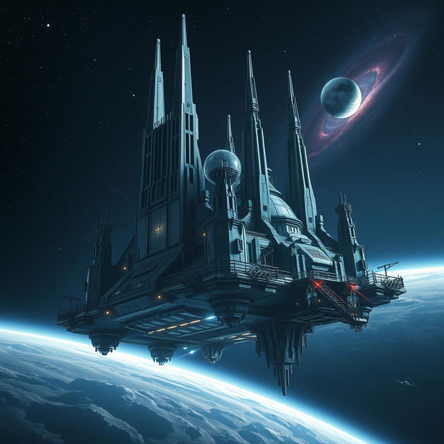 A colossal space jail floating in the vastness of outer space, characterized by its imposing, futuristic architecture featuring towering spires and metallic walls