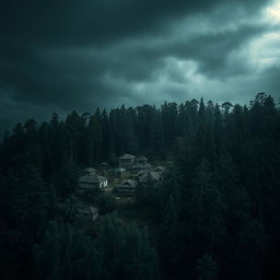 A horror-themed scene featuring an ancient Nepali village nestled within a dense forest, captured from an aerial view