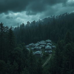 A horror-themed scene featuring an ancient Nepali village nestled within a dense forest, captured from an aerial view