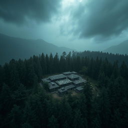 A horror-themed scene featuring an ancient Nepali village nestled within a dense forest, captured from an aerial view