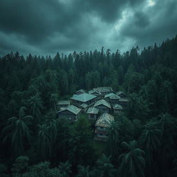 A horror-themed scene featuring an ancient Nepali village nestled within a dense forest, captured from an aerial view