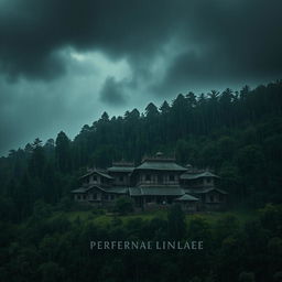 A horror-themed scene depicting an ancient Nepali village, surrounded by a dense forest, and viewed from an aerial perspective