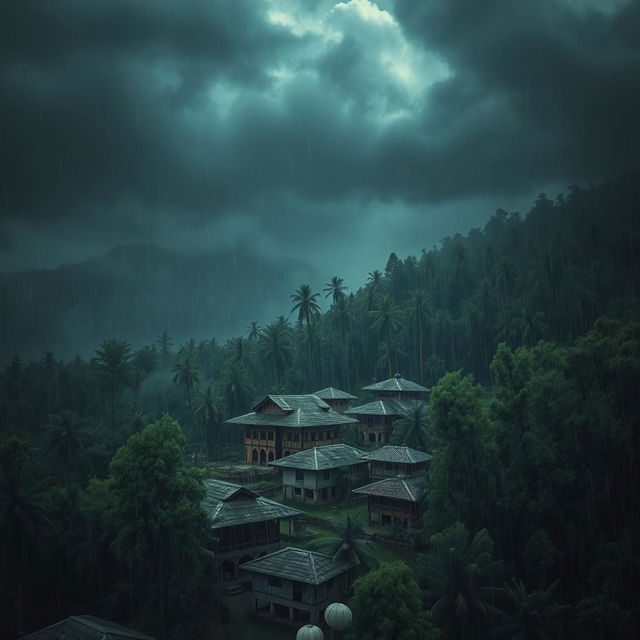 A horror-themed scene depicting an ancient Nepali village, surrounded by a dense forest, and viewed from an aerial perspective