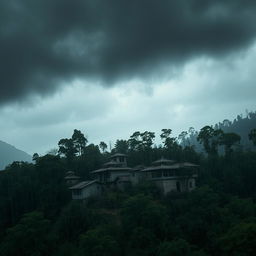 A horror-themed scene depicting an ancient Nepali village, surrounded by a dense forest, and viewed from an aerial perspective