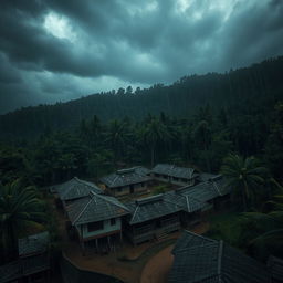 A horror-themed scene depicting an ancient Nepali village, surrounded by a dense forest, and viewed from an aerial perspective