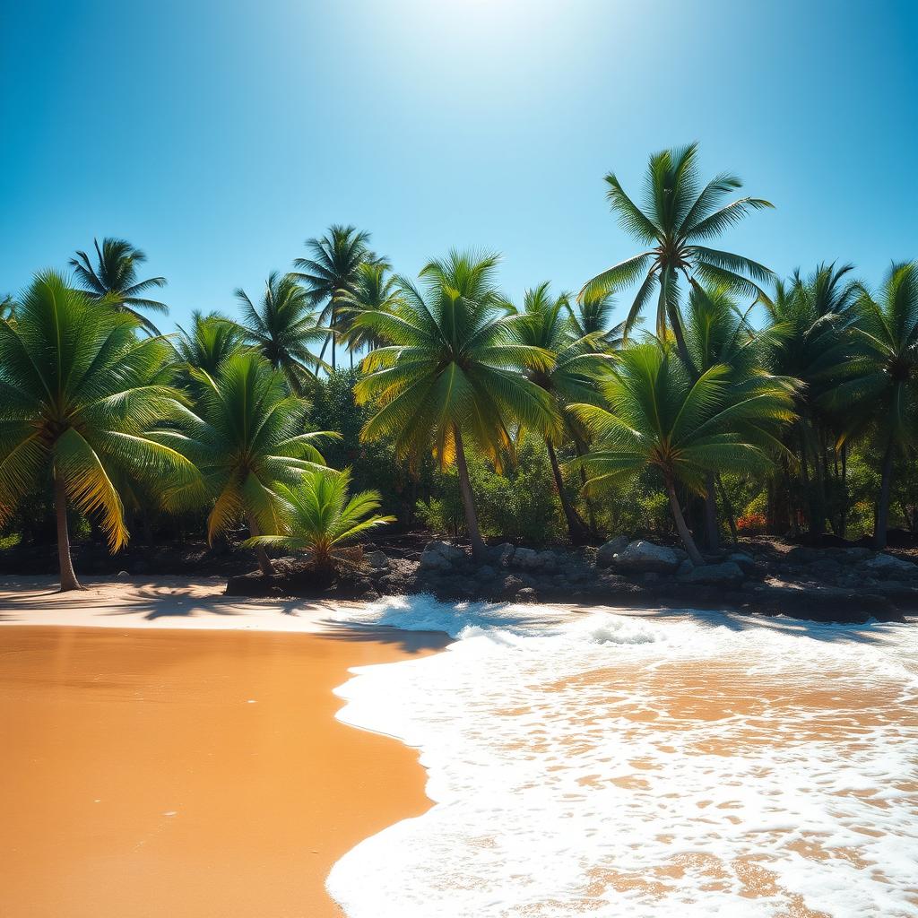 sunlit beach with vibrant waves gently rolling onto the shore, surrounded by lush green palms swaying in the breeze, under a clear blue sky