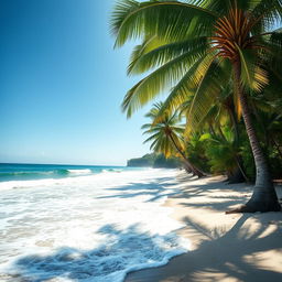 sunlit beach with vibrant waves gently rolling onto the shore, surrounded by lush green palms swaying in the breeze, under a clear blue sky