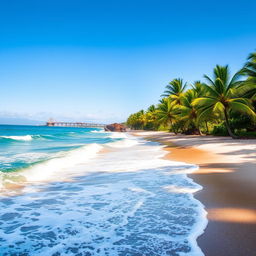 sunlit beach with vibrant waves gently rolling onto the shore, surrounded by lush green palms swaying in the breeze, under a clear blue sky