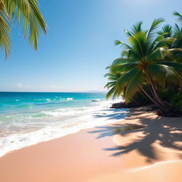 sunlit beach with vibrant waves gently rolling onto the shore, surrounded by lush green palms swaying in the breeze, under a clear blue sky