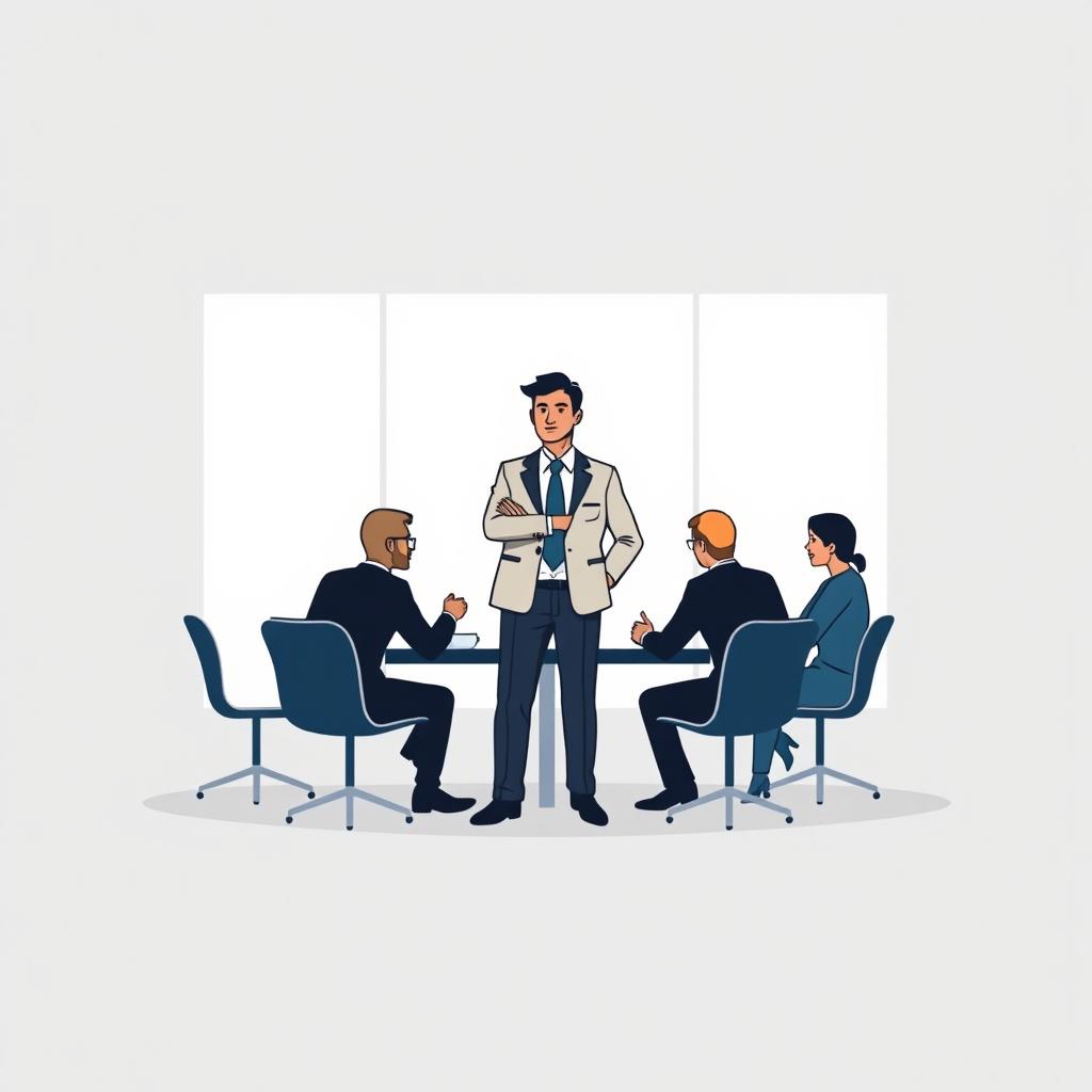 A vector minimalist book cover design featuring a central man in a suit, standing with confidence, as he engages in conversation with colleagues around a table