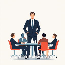 A vector minimalist book cover design featuring a central man in a suit, standing with confidence, as he engages in conversation with colleagues around a table