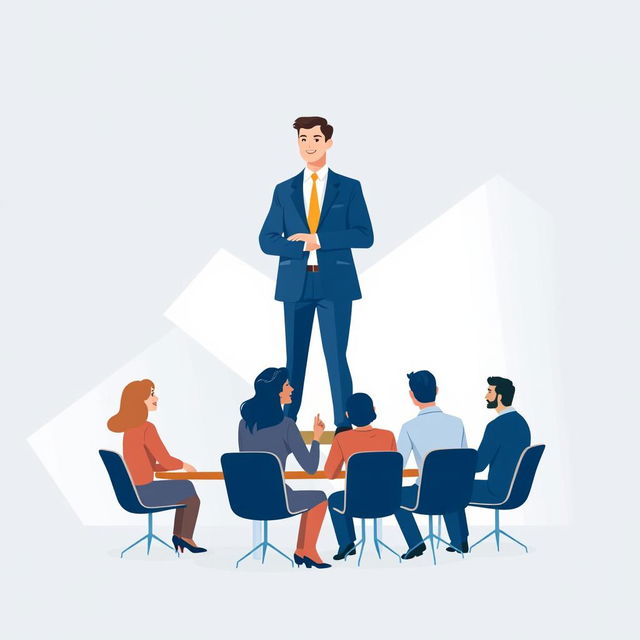 book cover featuring a minimalist vector design of a central man in a suit standing confidently and engagingly talking to other people around a table