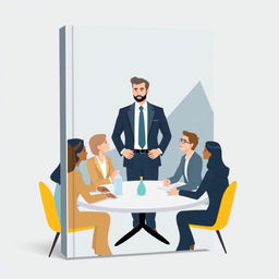 book cover featuring a minimalist vector design of a central man in a suit standing confidently and engagingly talking to other people around a table