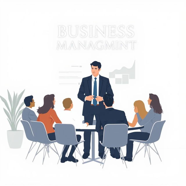 A minimalist vector book cover design featuring a man in a suit, centralized, standing around a table in a business setting