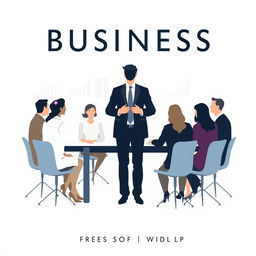 A minimalist vector book cover design featuring a man in a suit, centralized, standing around a table in a business setting