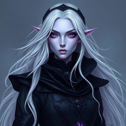 A female drow with light violet skin and striking purple eyes