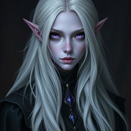 A female drow with light violet skin and striking purple eyes