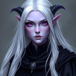 A female drow with light violet skin and striking purple eyes