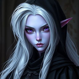 A female drow with light violet skin and striking purple eyes