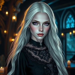 A stunning drow woman with light violet skin and captivating purple eyes, her long white hair cascading down effortlessly