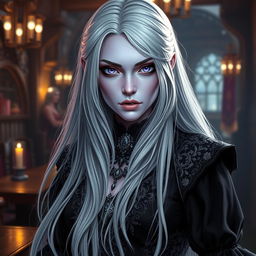 A stunning drow woman with light violet skin and captivating purple eyes, her long white hair cascading down effortlessly