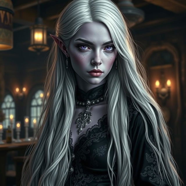 A stunning drow woman with light violet skin and captivating purple eyes, her long white hair cascading down effortlessly