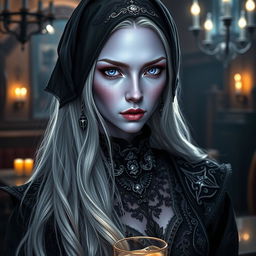 A stunning drow woman with light violet skin and captivating purple eyes, her long white hair cascading down effortlessly