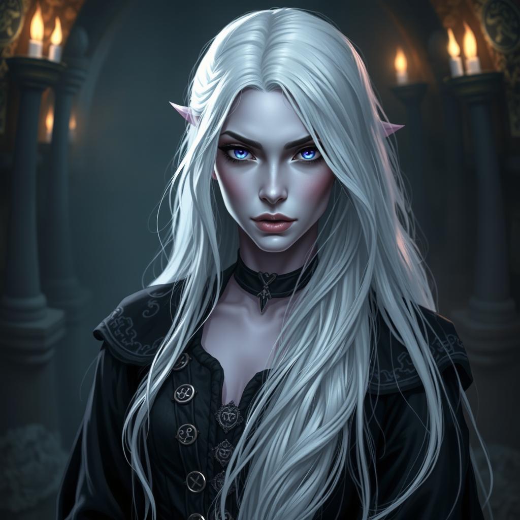 A Drow woman with light violet skin, adorned with long flowing white hair