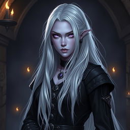 A Drow woman with light violet skin, adorned with long flowing white hair