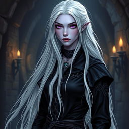 A Drow woman with light violet skin, adorned with long flowing white hair