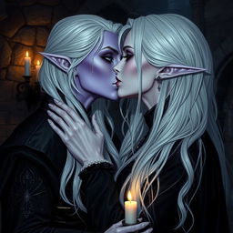 A captivating scene featuring a Drow woman with light violet skin, striking purple eyes, and long white hair, adorned in medieval black attire