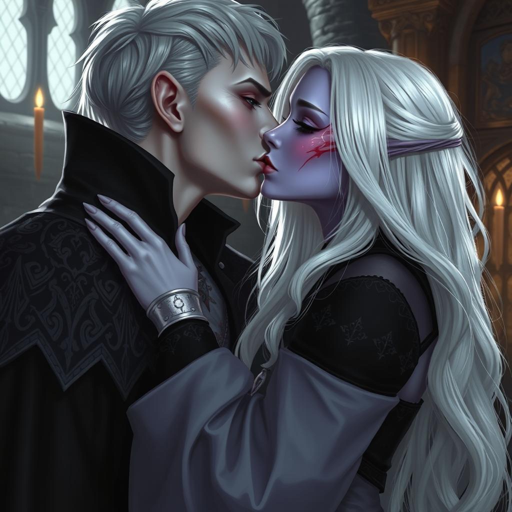 A captivating scene featuring a Drow woman with light violet skin, striking purple eyes, and long white hair, adorned in medieval black attire