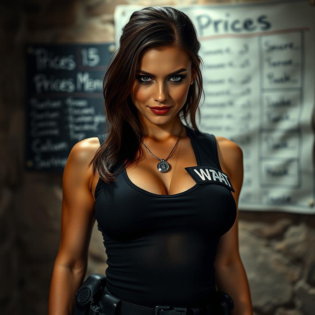 extreme close-up of a gorgeous brunette SWAT officer, showcasing her torso in a fitted SWAT tank top emphasizing her large chest and cleavage