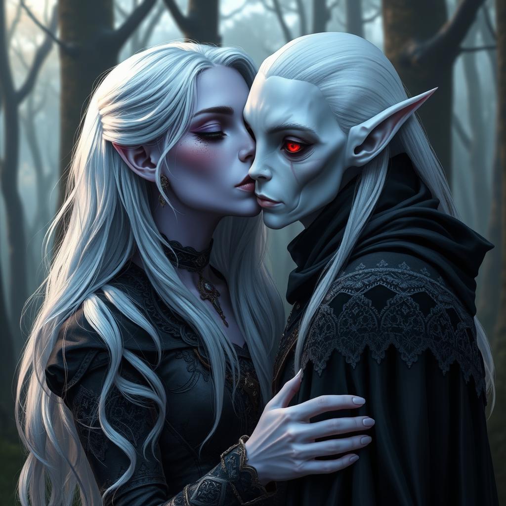 A drow woman with light violet skin and long white hair, wearing medieval black clothing, is tenderly kissing a pale elf