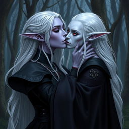 A drow woman with light violet skin and long white hair, wearing medieval black clothing, is tenderly kissing a pale elf