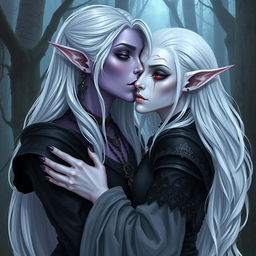 A drow woman with light violet skin and long white hair, wearing medieval black clothing, is tenderly kissing a pale elf