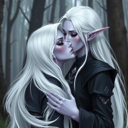 A drow woman with light violet skin and long white hair, wearing medieval black clothing, is tenderly kissing a pale elf