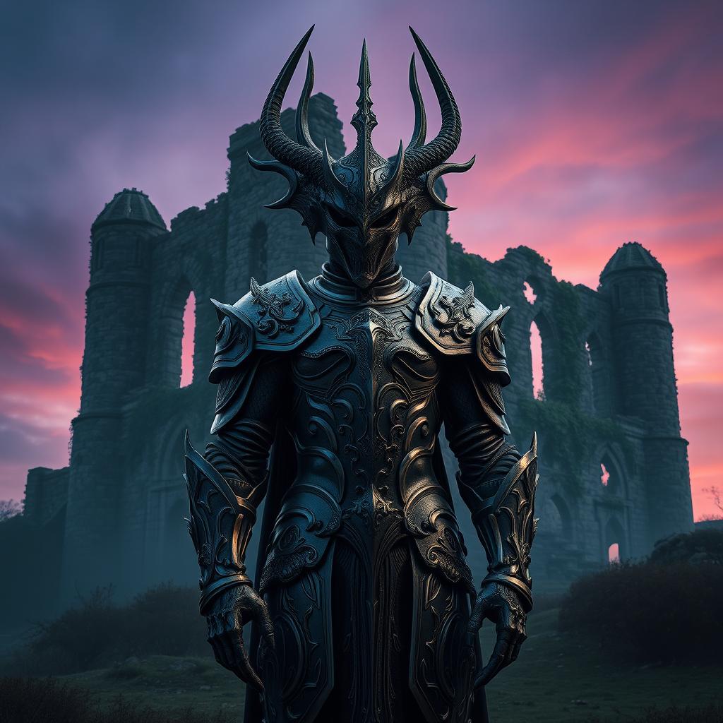 A majestic helmed horror standing imposingly in front of a dramatic castle ruin