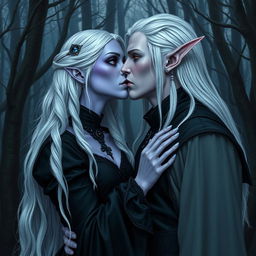 A drow woman with light violet skin and long white hair, adorned in medieval black clothing, is sharing a tender kiss with a pale elf man