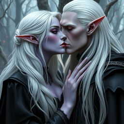 A drow woman with light violet skin and long white hair, adorned in medieval black clothing, is sharing a tender kiss with a pale elf man