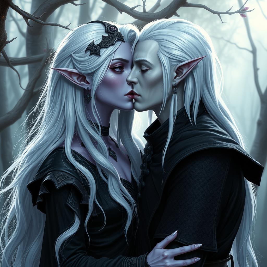 A drow woman with light violet skin and long white hair, adorned in medieval black clothing, is sharing a tender kiss with a pale elf man