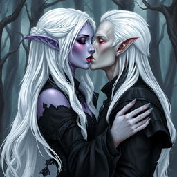 A drow woman with light violet skin and long white hair, adorned in medieval black clothing, is sharing a tender kiss with a pale elf man