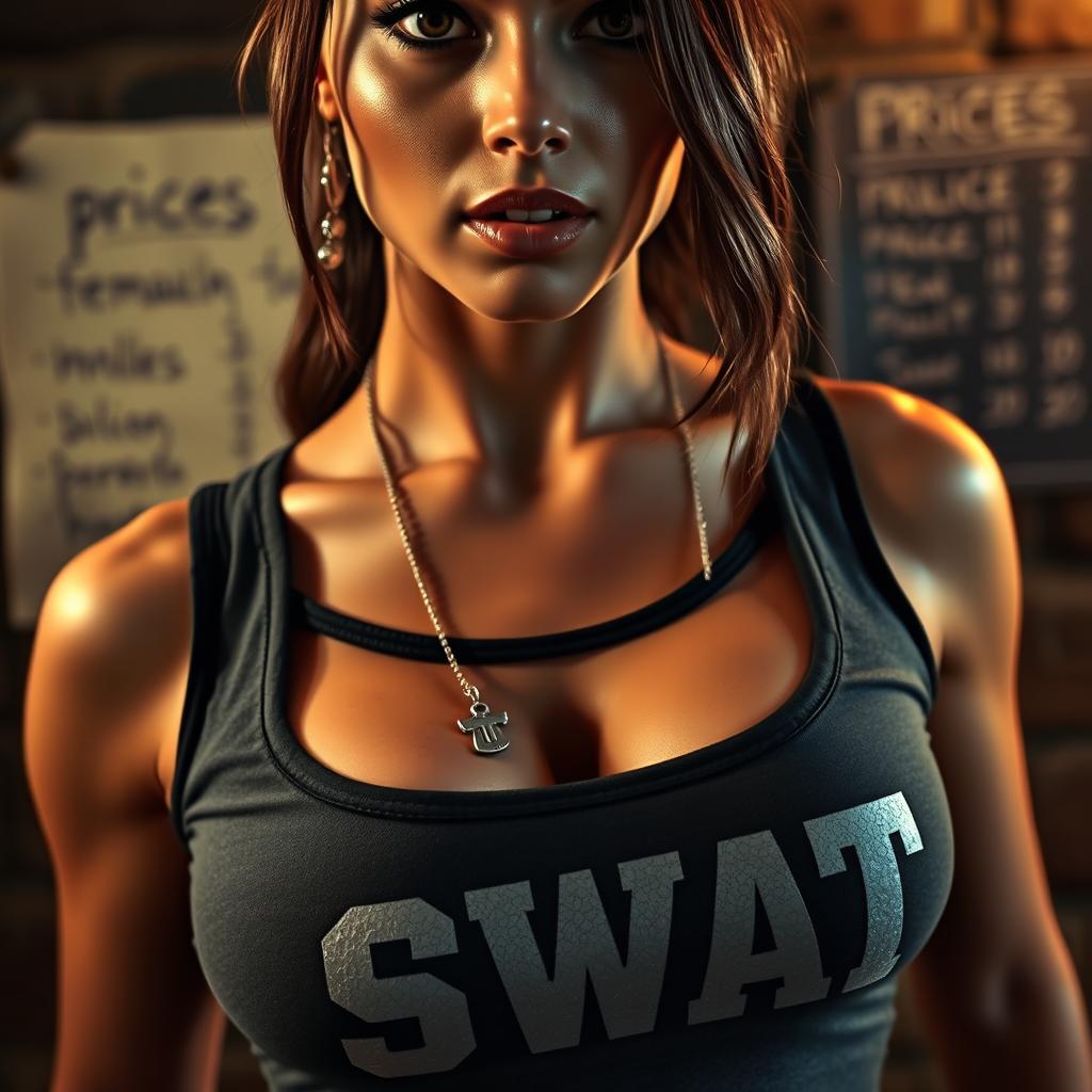 A stunning brunette SWAT officer with an alluring gaze, wearing a tight 'SWAT' tank top that accentuates her large chest and cleavage, dog tags resting gracefully on her neck